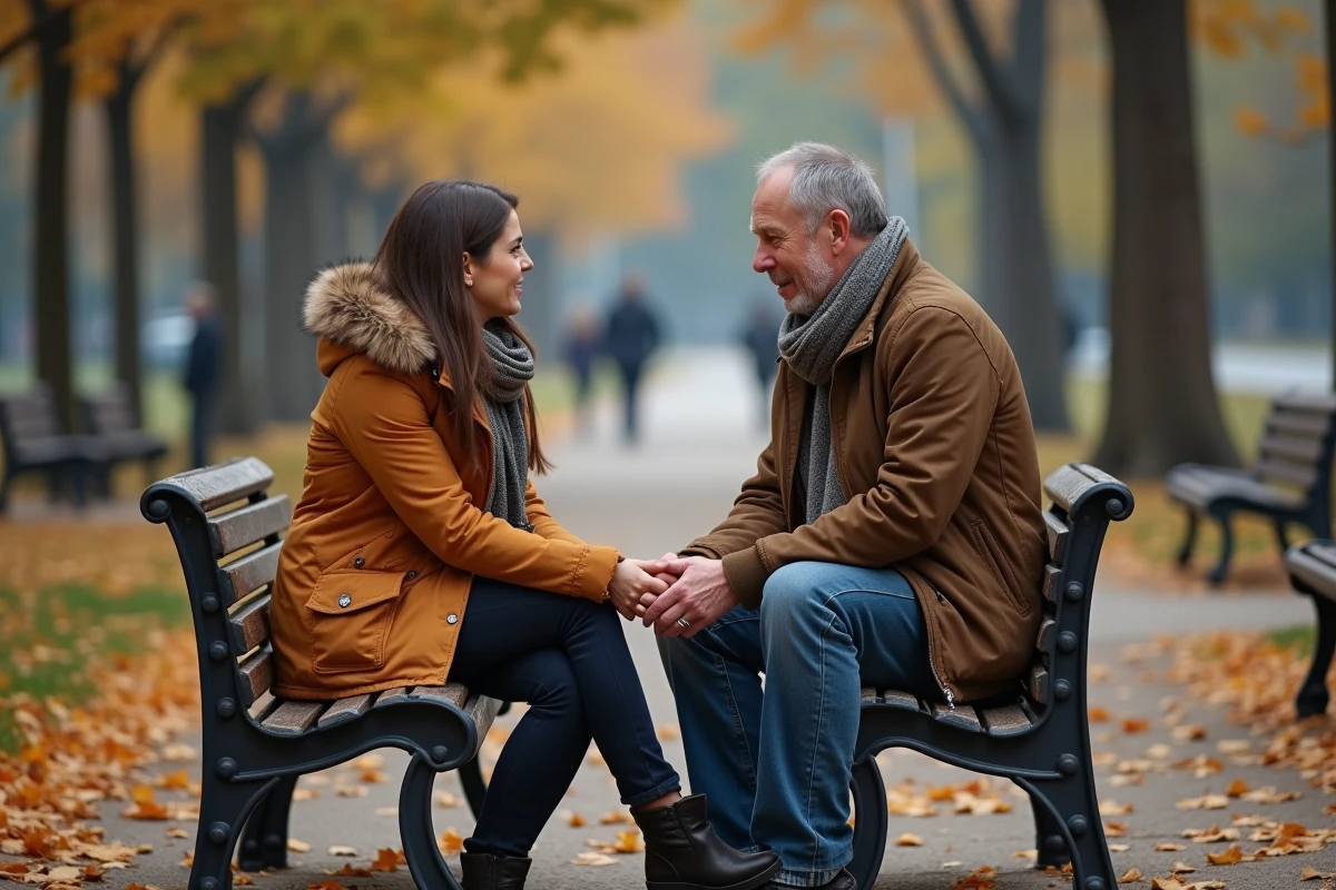 Deux voisins solitaires se rencontrant pour la premi&egrave;re fois dans un parc urbain apr&egrave;s contact sur un site de mise en relation