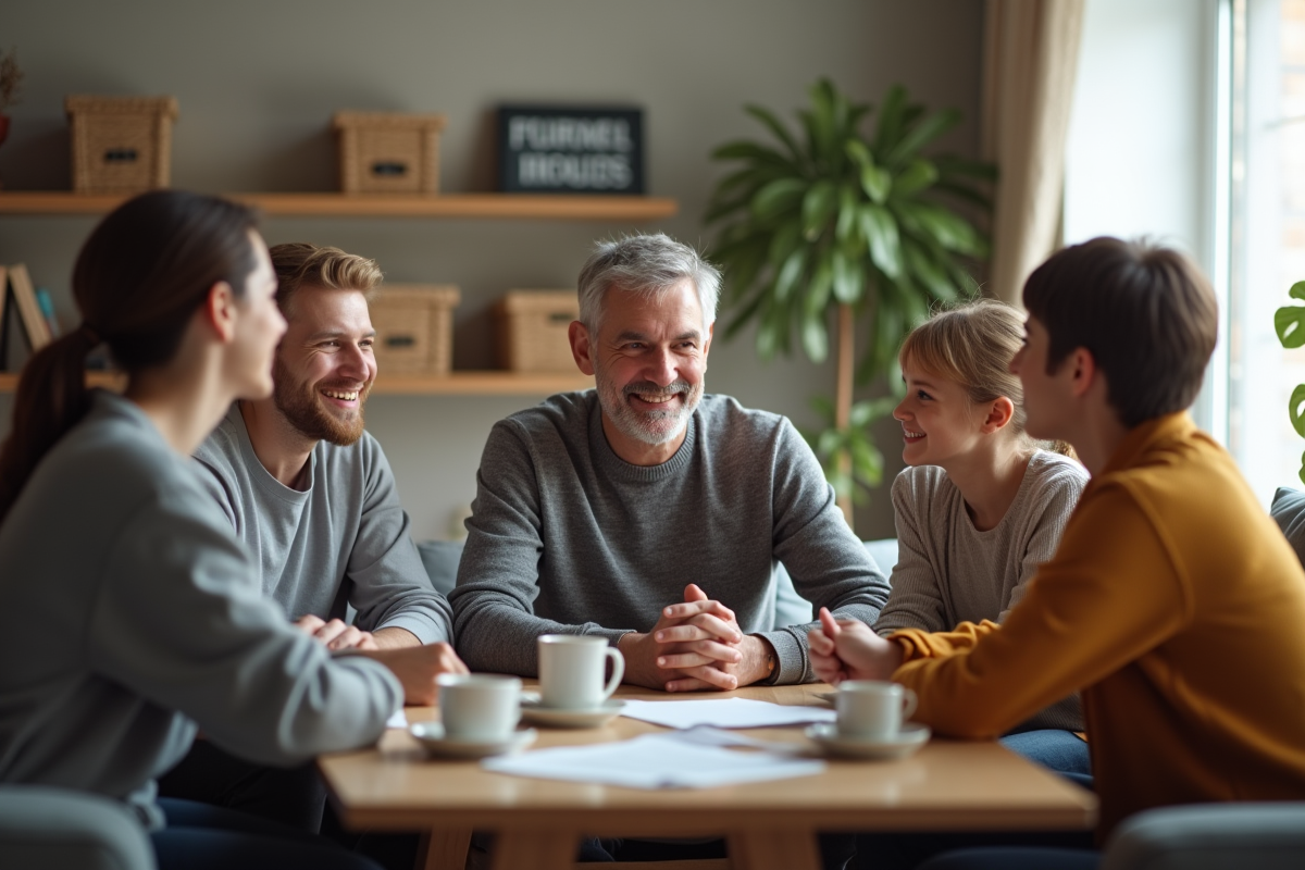 Famille réunie discutant autour d un thé dans un salon moderne