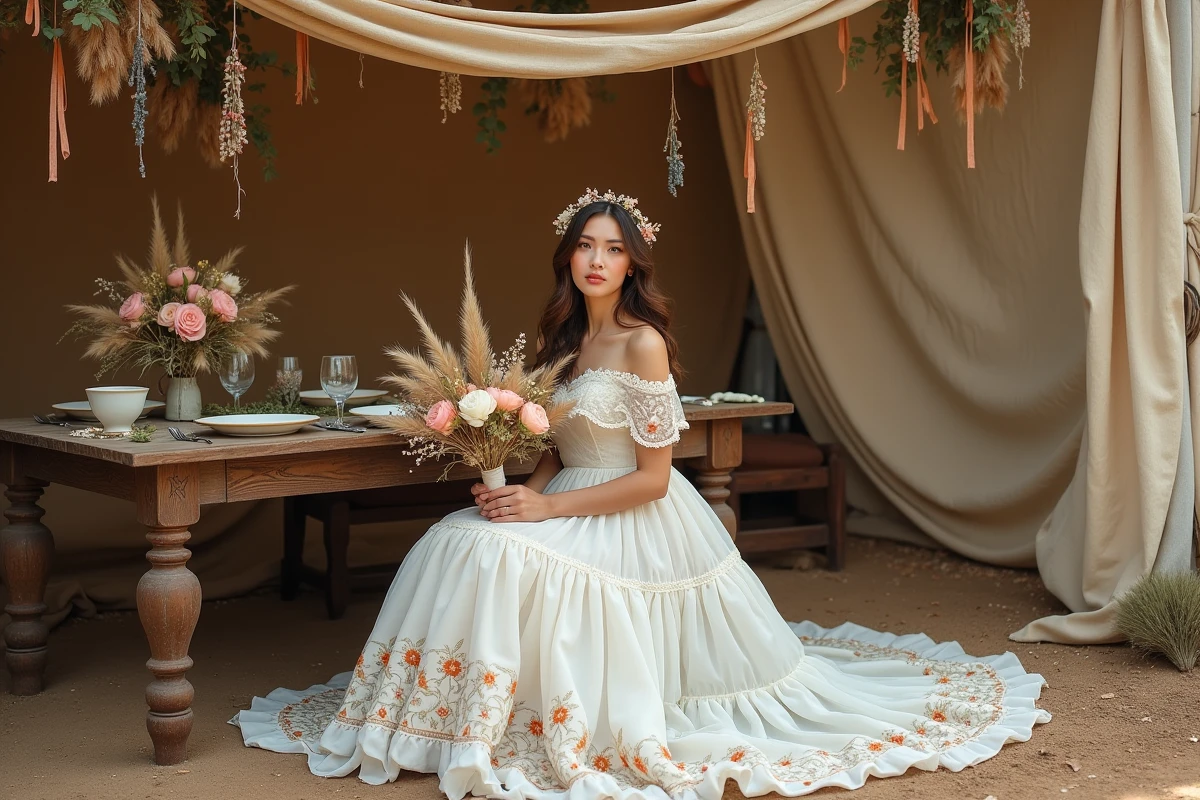 Mari&eacute;e assise en robe boh&egrave;me brod&eacute;e sous un auvent fleuri lors d'une r&eacute;ception de mariage gitan