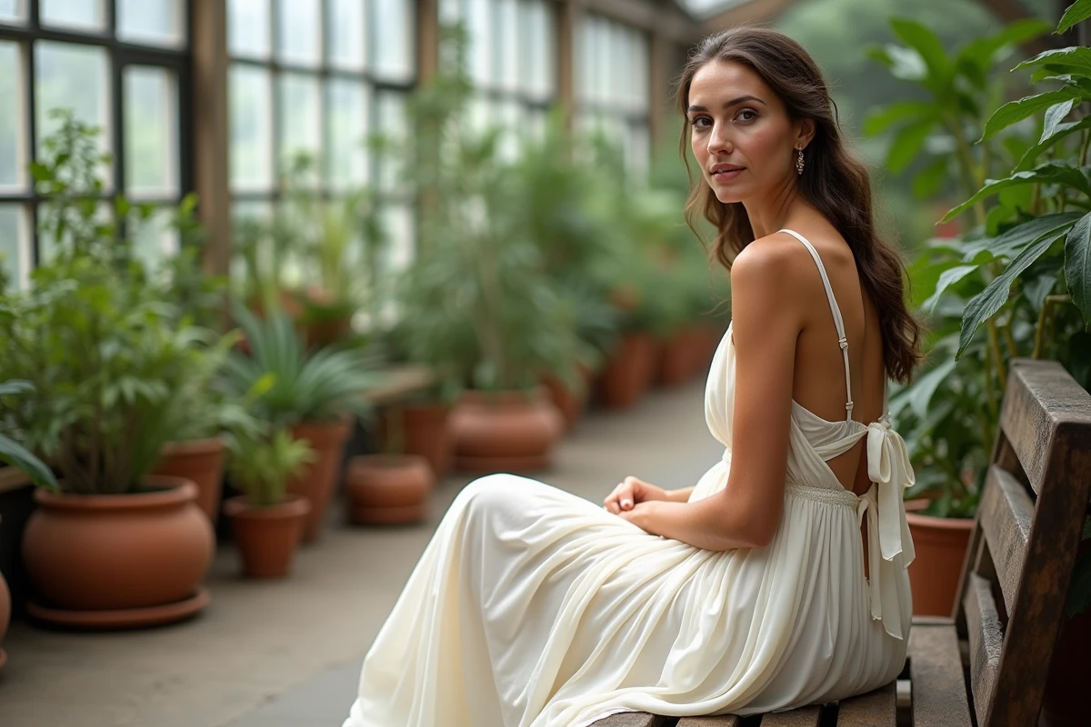 Femme en robe de mariée bohème chic à bretelles fines et dos ouvert assise dans une serre verdoyante pour un mariage civil 2026