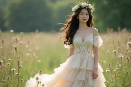 Mari&eacute;e en robe boh&egrave;me gitane &agrave; jupe volumineuse et couronne florale dans une prairie sauvage