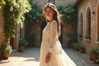 Mariée en robe bohème ivoire avec dentelle et broderies florales dans une cour en pierre fleurie pour un mariage civil 2026