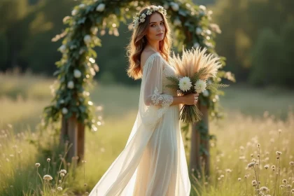 Femme en robe fourreau bohème ivoire avec dentelle et broderies florales dans un décor champêtre naturel pour un mariage en plein air