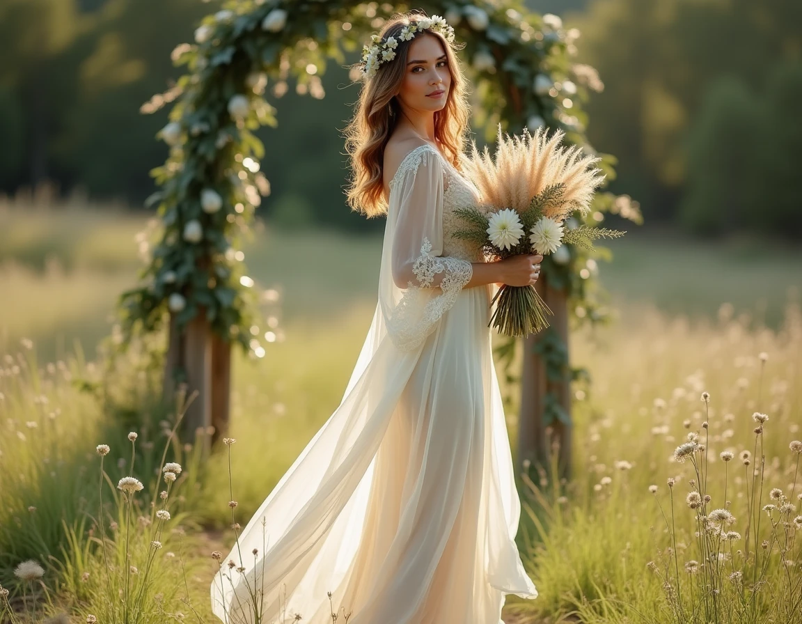 Femme en robe fourreau bohème ivoire avec dentelle et broderies florales dans un décor champêtre naturel pour un mariage en plein air