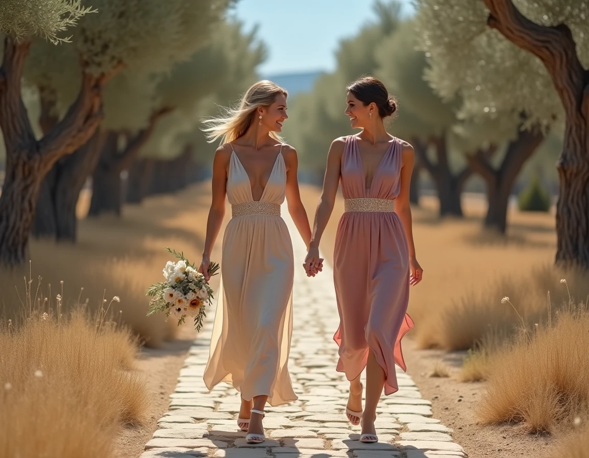 Mariée et demoiselle d'honneur en robes fourreaux bohèmes marchant pieds nus dans une oliveraie lors d'un mariage champêtre raffiné