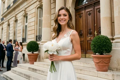 Mariée en robe mi-longue en dentelle blanche devant la mairie pour un mariage civil élégant
