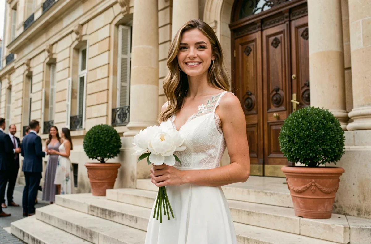 Mariée en robe mi-longue en dentelle blanche devant la mairie pour un mariage civil élégant