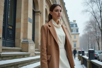Femme portant une robe de mariée civile simple en laine ivoire avec manteau camel sur les marches d'une mairie parisienne en hiver