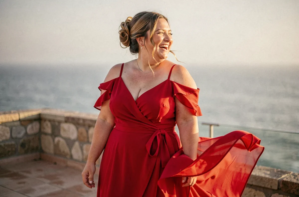 Grande femme souriante en robe rouge fluide sur une terrasse en bord de mer pour une cérémonie de mariage