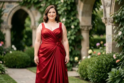 Femme grande taille portant une robe longue rouge élégante dans un jardin fleuri pour un mariage