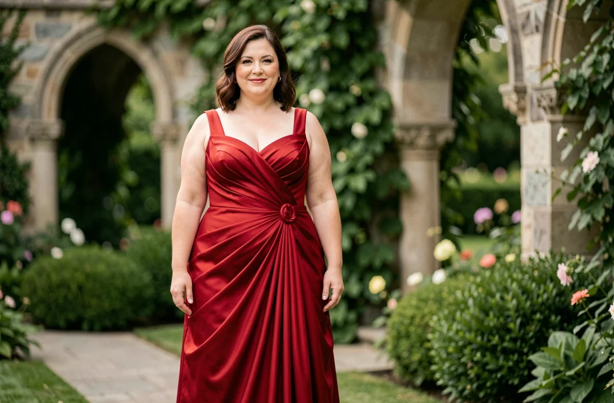 Femme grande taille portant une robe longue rouge élégante dans un jardin fleuri pour un mariage