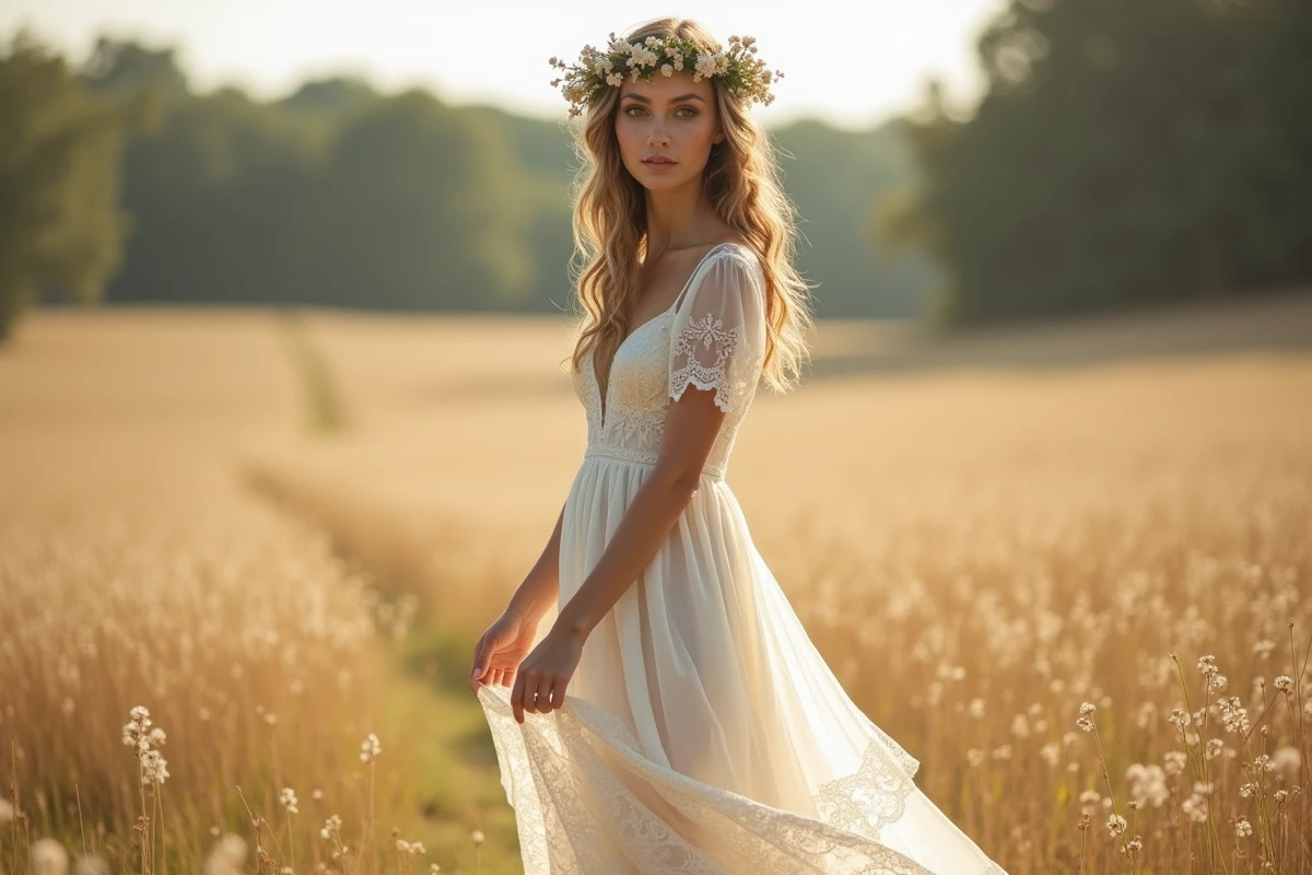 Mariée en robe bohème ivoire en mousseline dans une prairie ensoleillée, coiffure naturelle avec fleurs séchées, style champêtre chic