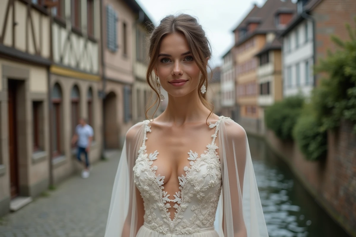 Mariée en robe bohème dans le quartier de la Petite France à Strasbourg lors d'une séance photo mariage