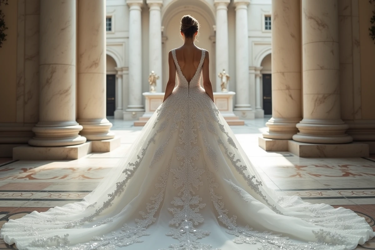 Vue de dos d'une robe de mariée princesse couverte de strass et paillettes à l'entrée d'une église en pierre
