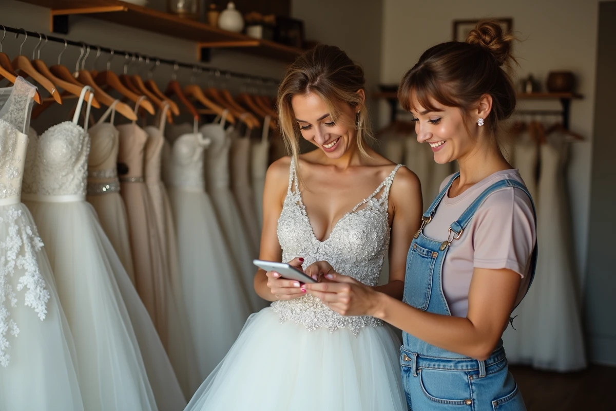 Deux amies dans une boutique de robes de mariée d'occasion comparant les prix d'une robe princesse à paillettes sur smartphone