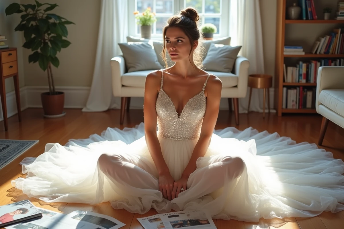 Mariée en robe de bal paillettée assise sur le sol entourée de magazines et d'échantillons de tissu pour planifier son mariage avec un petit budget
