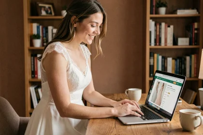 Jeune mariée en robe blanche simple regardant des robes de mariée pas chères sur un site en ligne depuis son bureau à domicile