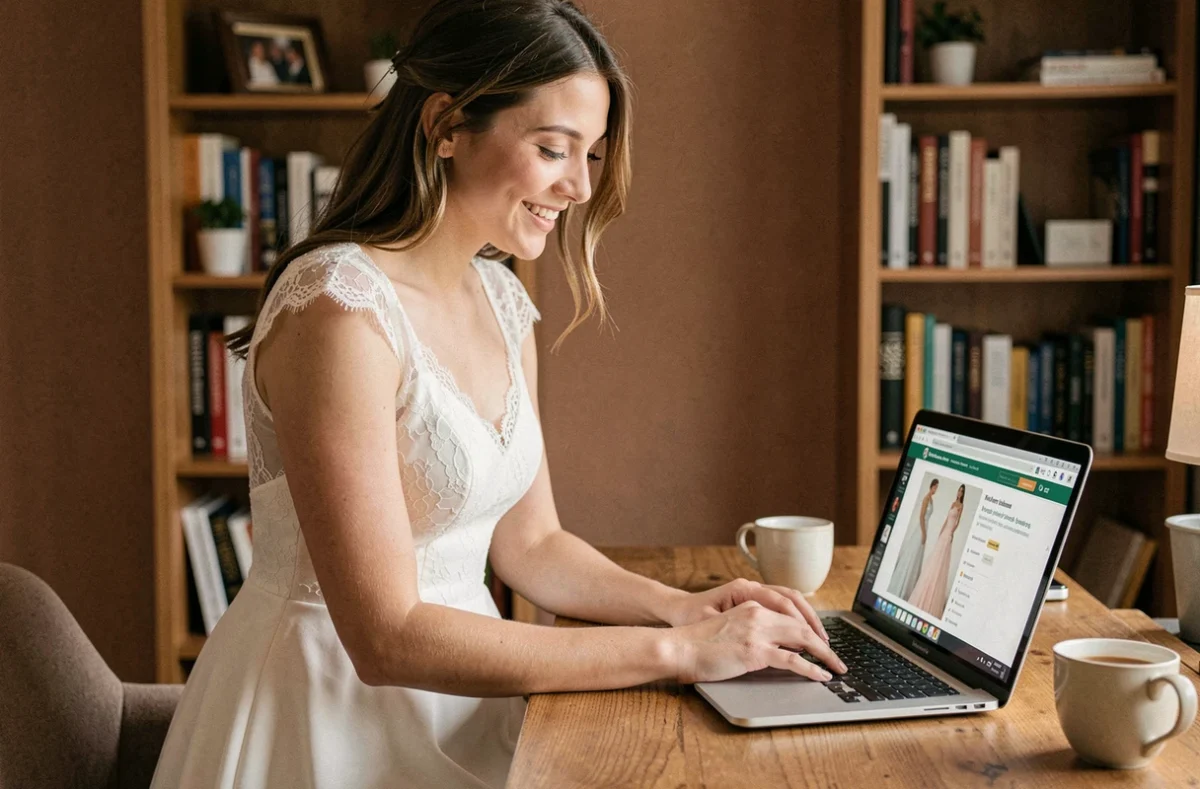 Jeune mariée en robe blanche simple regardant des robes de mariée pas chères sur un site en ligne depuis son bureau à domicile