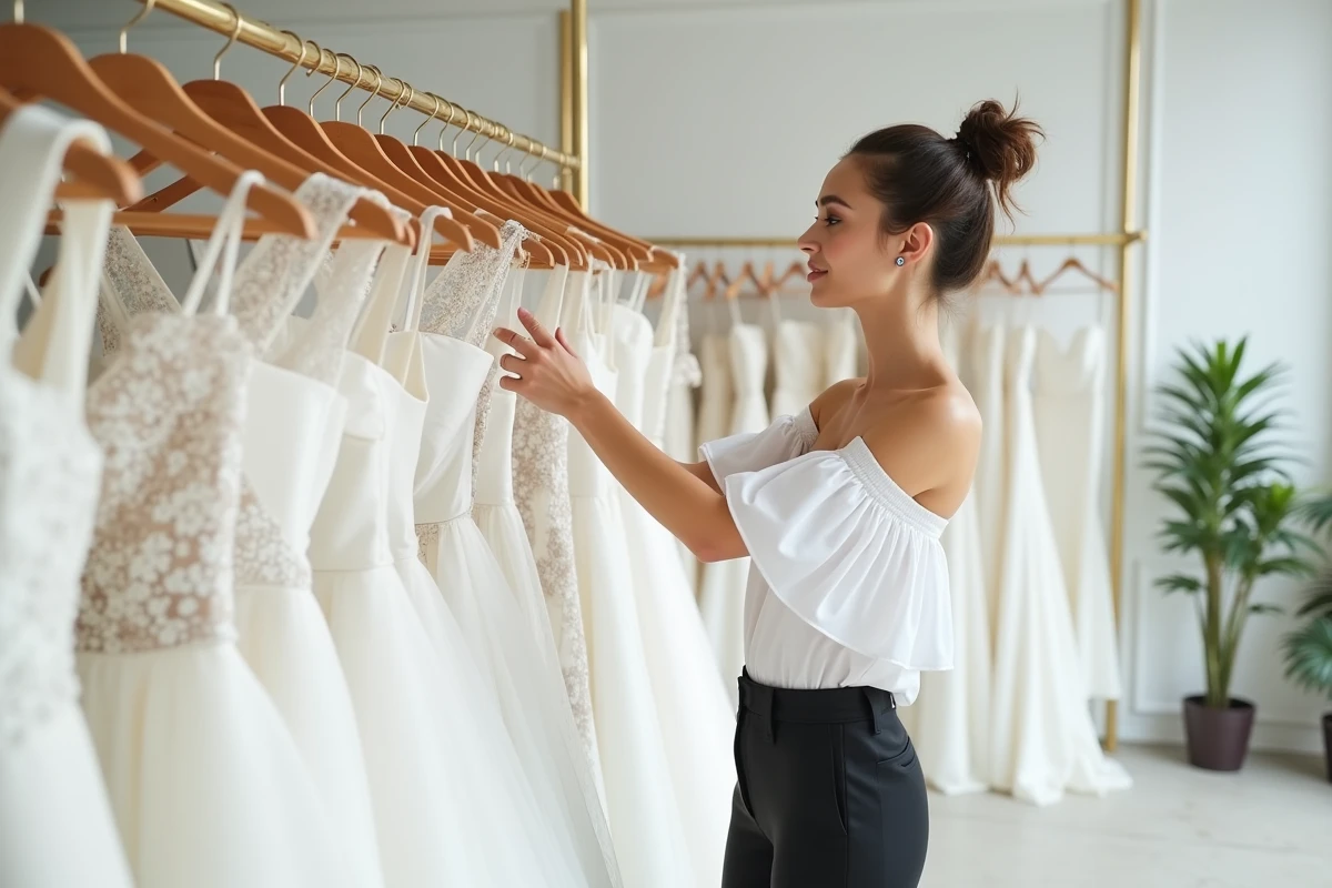 Femme choisissant une robe de mariée prêt-à-porter dans une boutique moderne et minimaliste