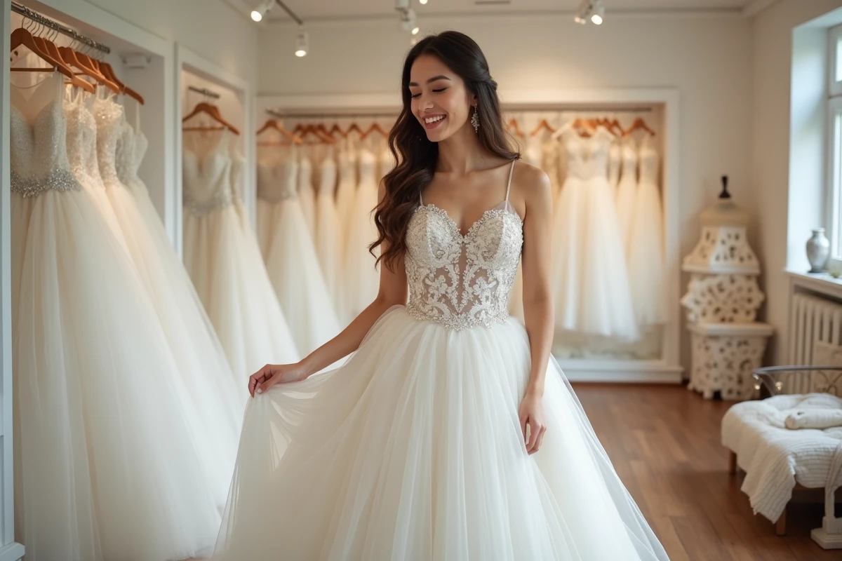 Jeune mariée en robe princesse à paillettes dans une boutique de mariage, regardant une étiquette de prix avec surprise