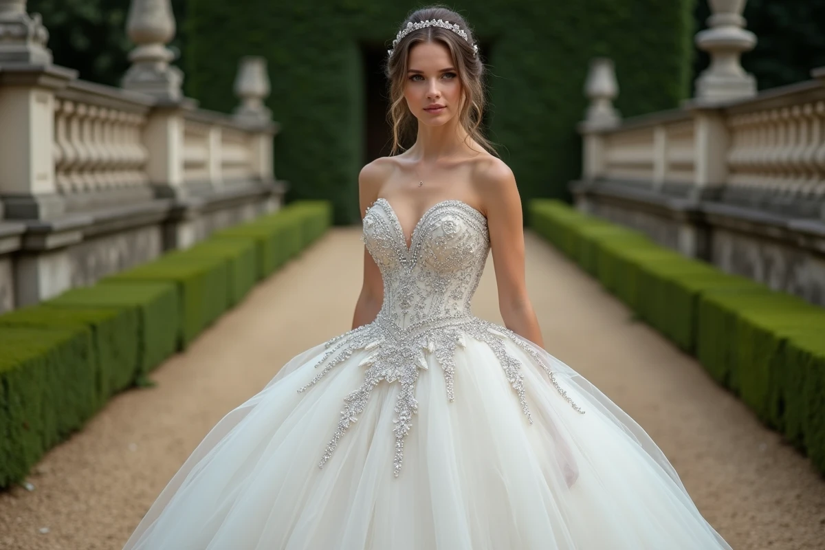 Mariée en robe princesse pailletée et strass posant dans le jardin d'un château français
