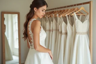 Jeune mariée examinant attentivement le tissu d'une robe de mariée simple dans une boutique, illustrant les pièges à éviter lors de l'achat d'une robe pas cher