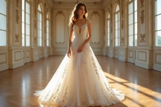 Robe de mariée princesse ornée de strass et paillettes portée par une jeune femme dans un salon de style haussmannien