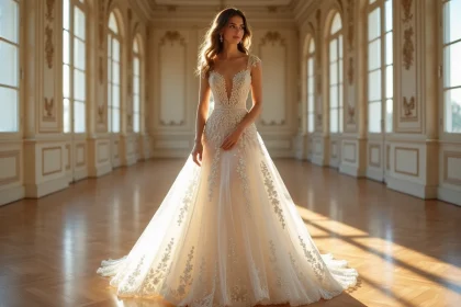 Robe de mariée princesse ornée de strass et paillettes portée par une jeune femme dans un salon de style haussmannien