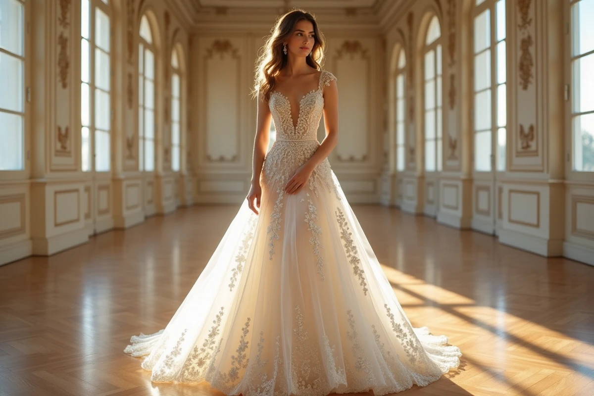 Robe de mariée princesse ornée de strass et paillettes portée par une jeune femme dans un salon de style haussmannien