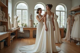 Robe de mariée sur mesure en soie ivoire ajustée par une couturière dans un atelier parisien élégant