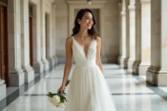 Mariée en robe sur mesure ivoire dans un couloir de mairie, tenant un bouquet de pivoines blanches lors d'un mariage civil