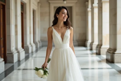 Mariée en robe sur mesure ivoire dans un couloir de mairie, tenant un bouquet de pivoines blanches lors d'un mariage civil