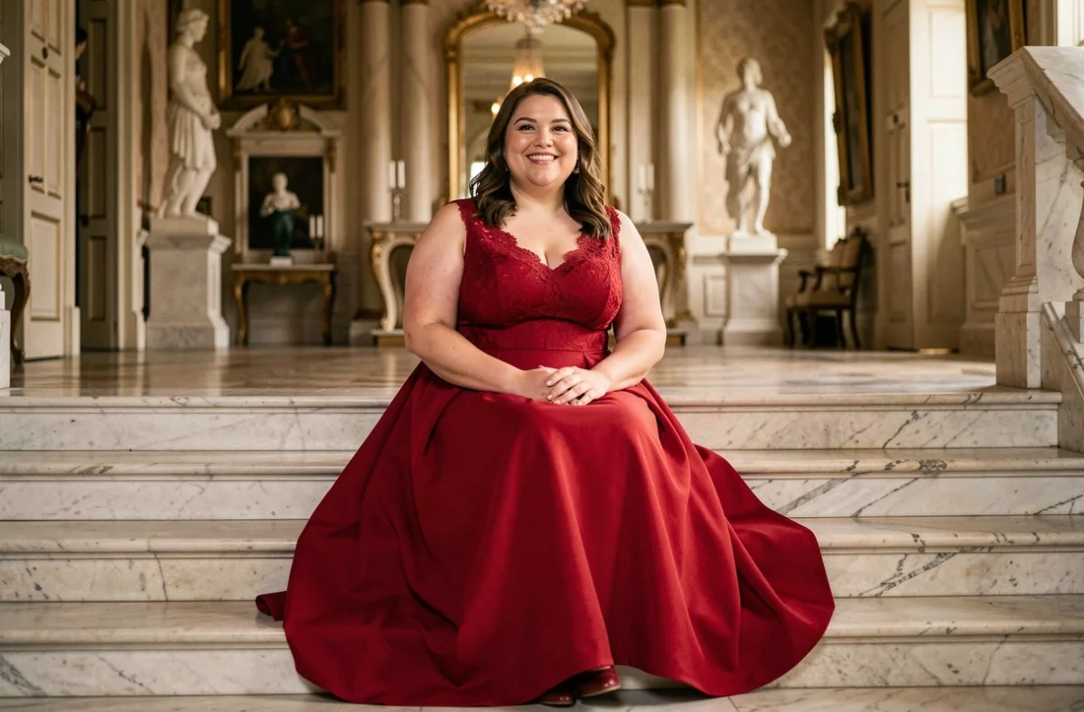 Femme ronde en robe rouge à dentelle assise sur un escalier en marbre dans un château lors d'un mariage