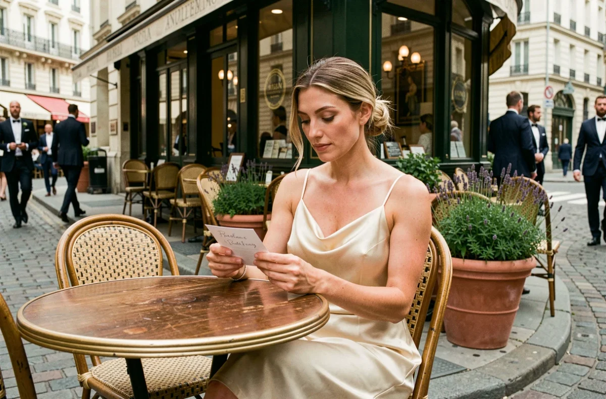 Femme en robe satin champagne assise en terrasse parisienne avant un mariage civil en mairie