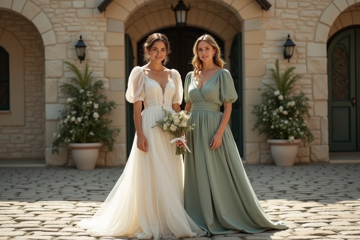 Deux amies en robes bohème et demoiselle d'honneur devant une mairie de village pour un mariage civil bohème chic 2026