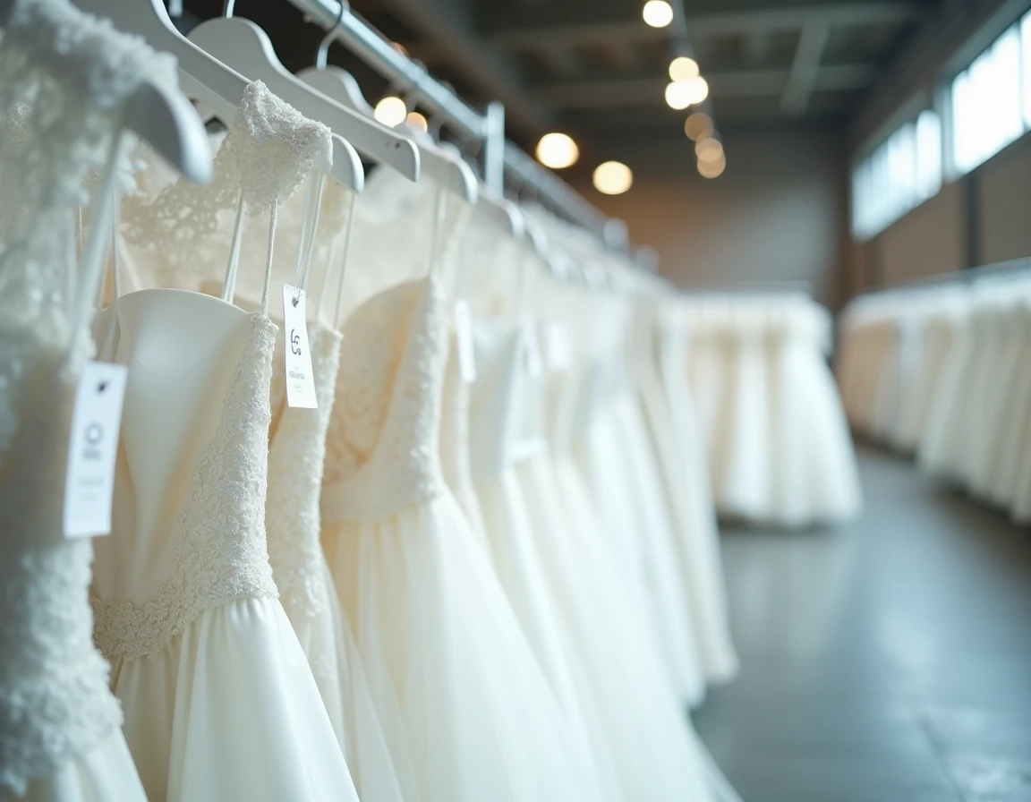 Robes de mariée en déstockage suspendues sur un portant avec étiquettes de prix réduits