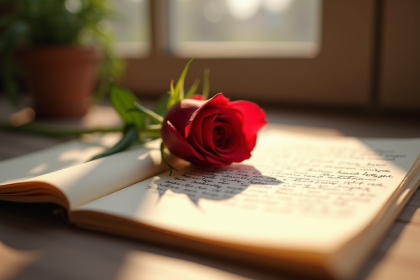 Une rose rouge sur une lettre d'amour écrite à la main
