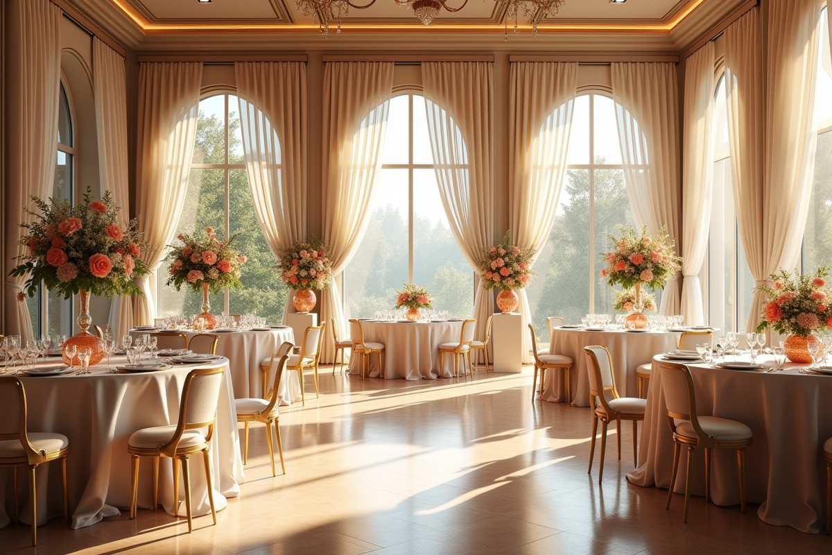 Salle de mariage élégante avec tables rondes et décor floral