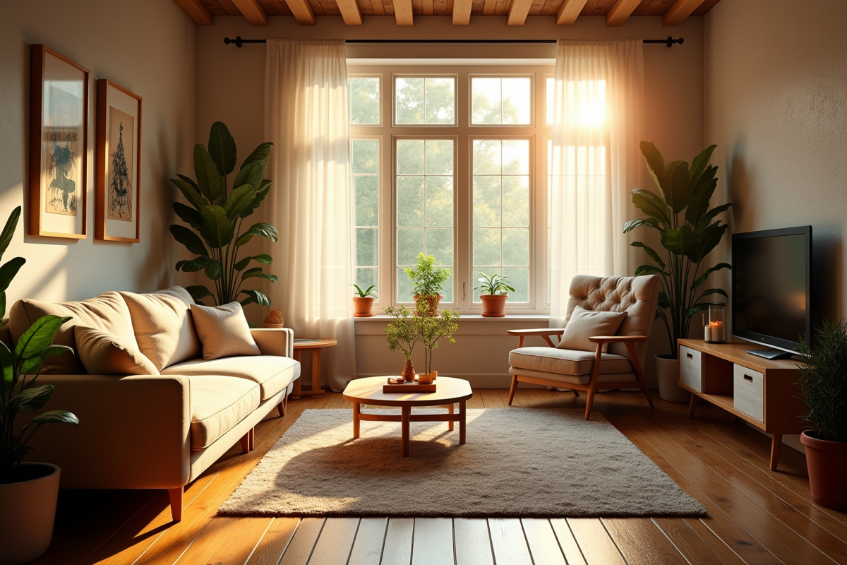 Salon cosy au matin avec lumière naturelle et plantes vertes