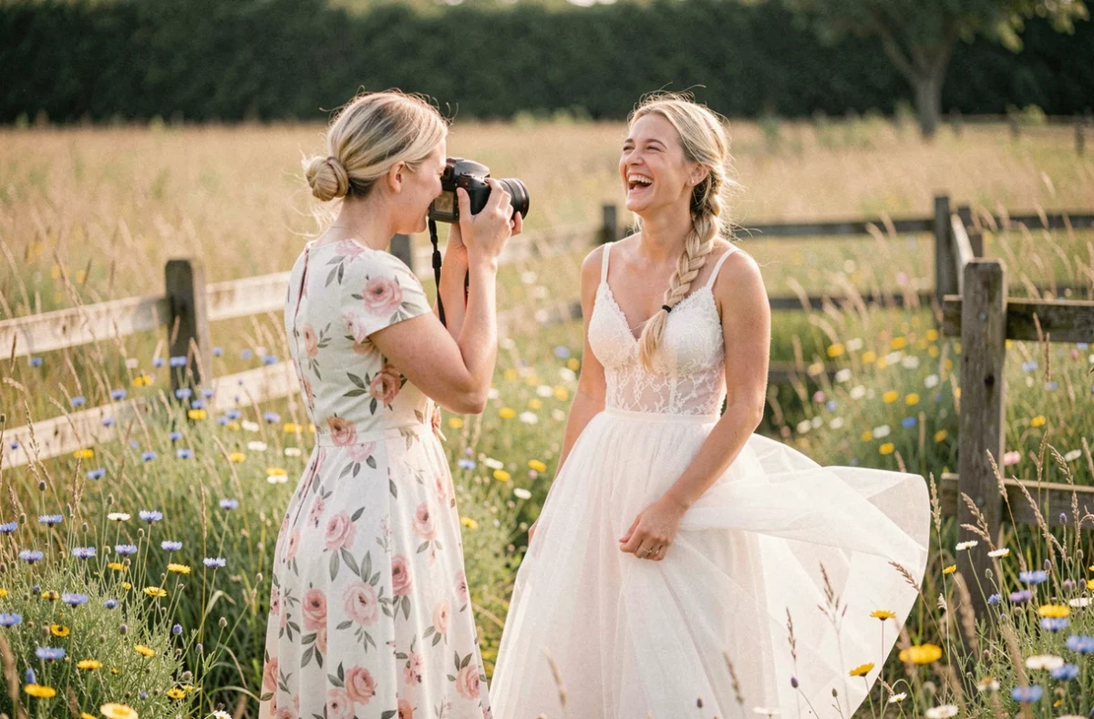 Sarah Steck, photographe de mariage, capturant un moment joyeux avec une mariée dans une prairie fleurie de Seine-Maritime