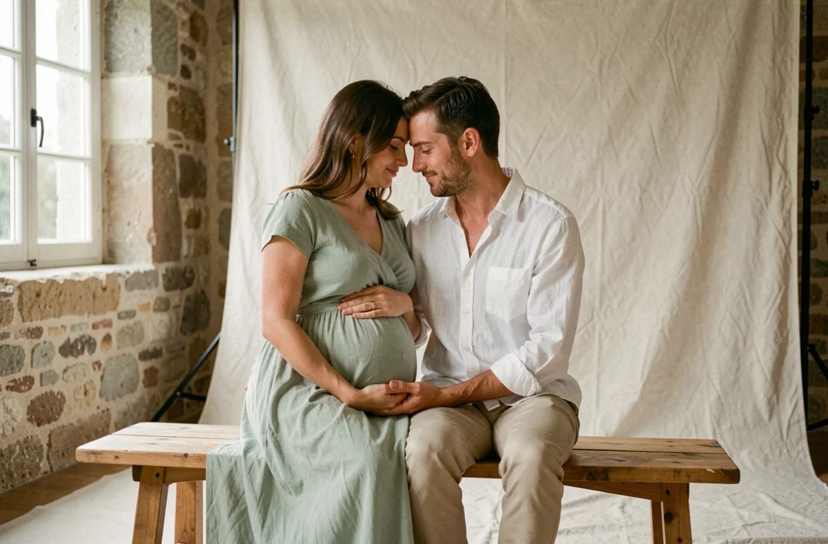 Couple attendant un enfant dans un studio photo à Perpignan lors d'une séance grossesse