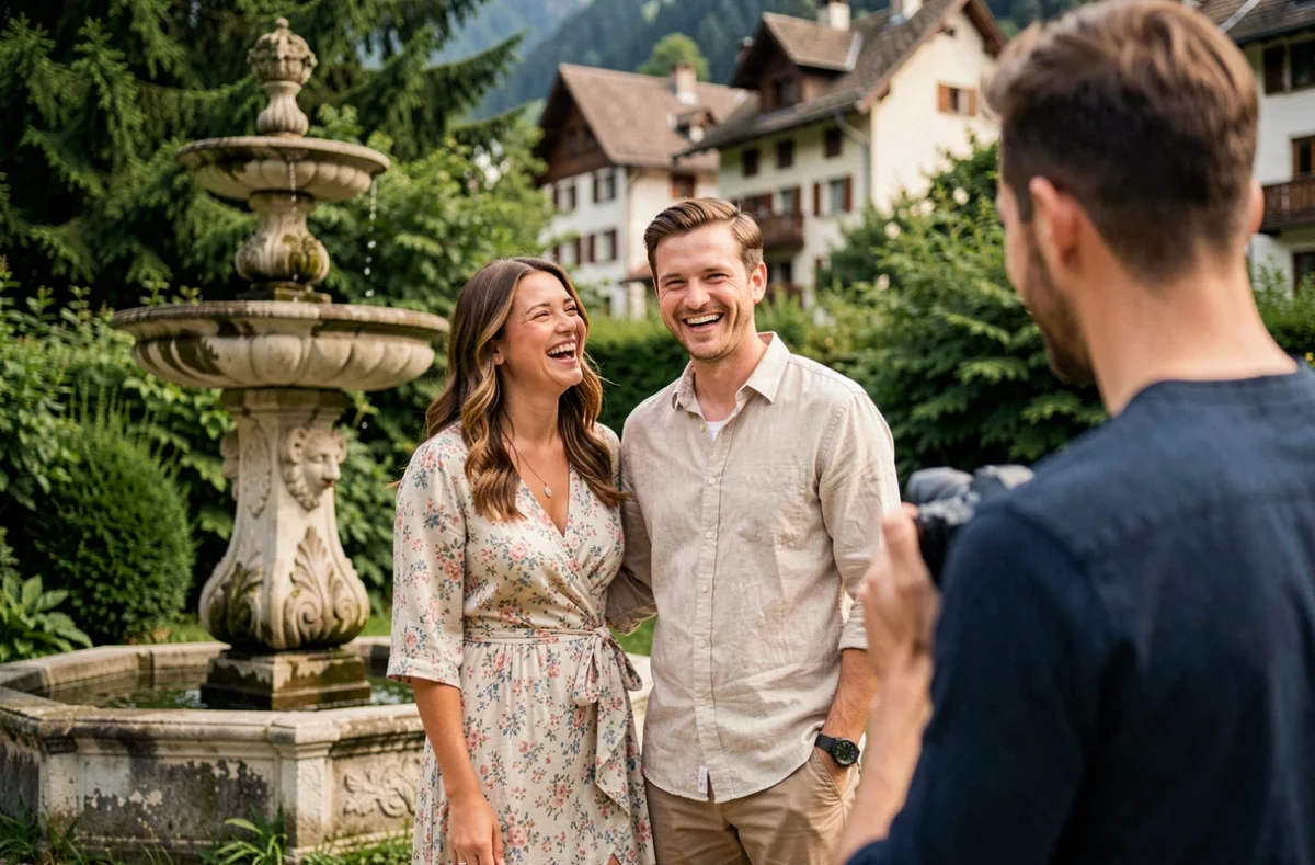 Séance photo de couple en extérieur à Thonon-les-Bains dans un parc verdoyant, avec un photographe professionnel au travail