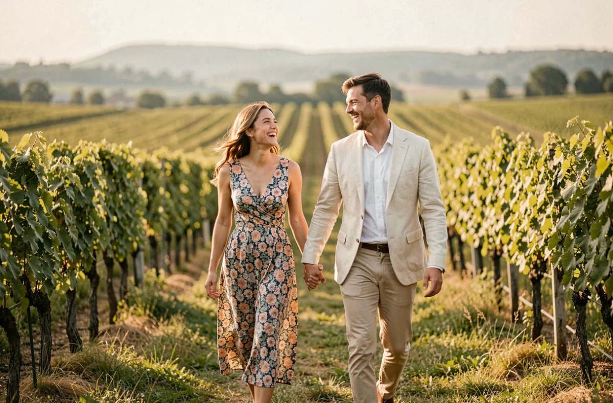 Couple souriant marchant dans un vignoble près de Castanet lors d'une séance photo professionnelle