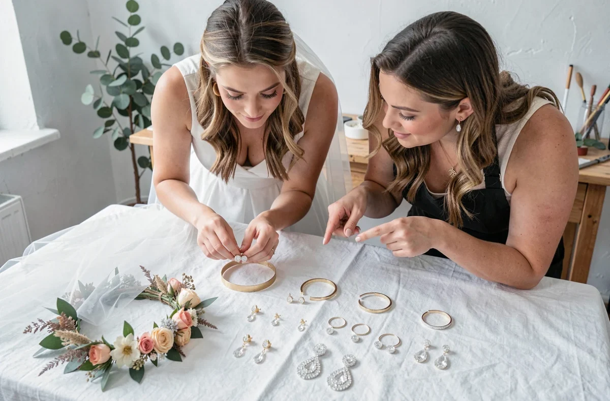 Mariée et styliste sélectionnant des boucles d'oreilles parmi des accessoires de mariage étalés sur une table blanche, incluant voile, couronnes et bijoux variés