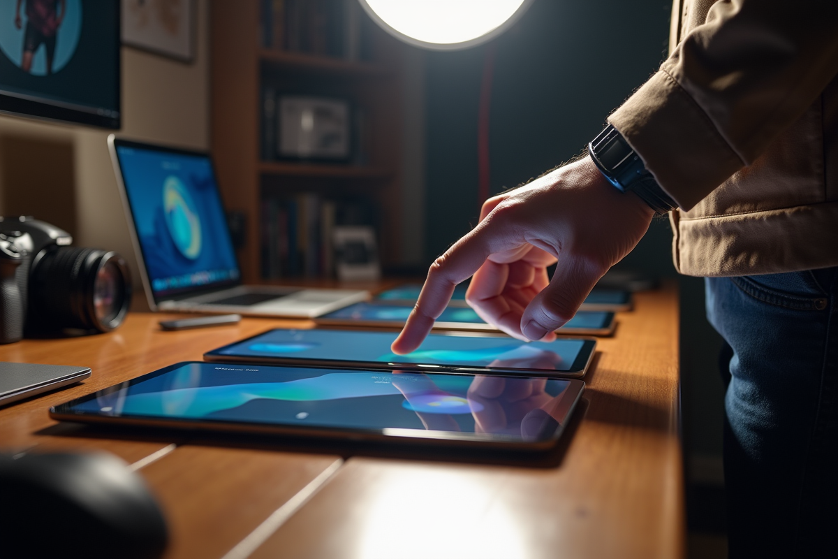Photographe choisissant une tablette sur un bureau en studio