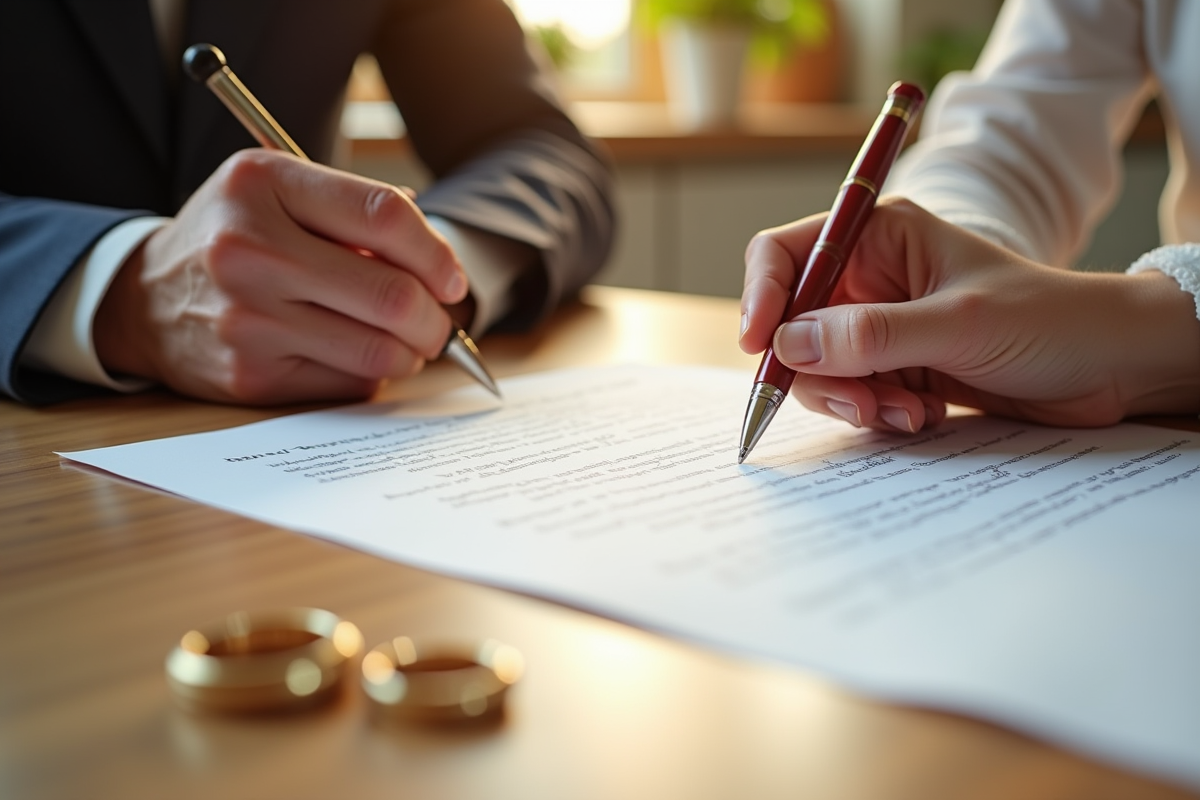 Main signant un certificat de mariage avec des alliances à côté