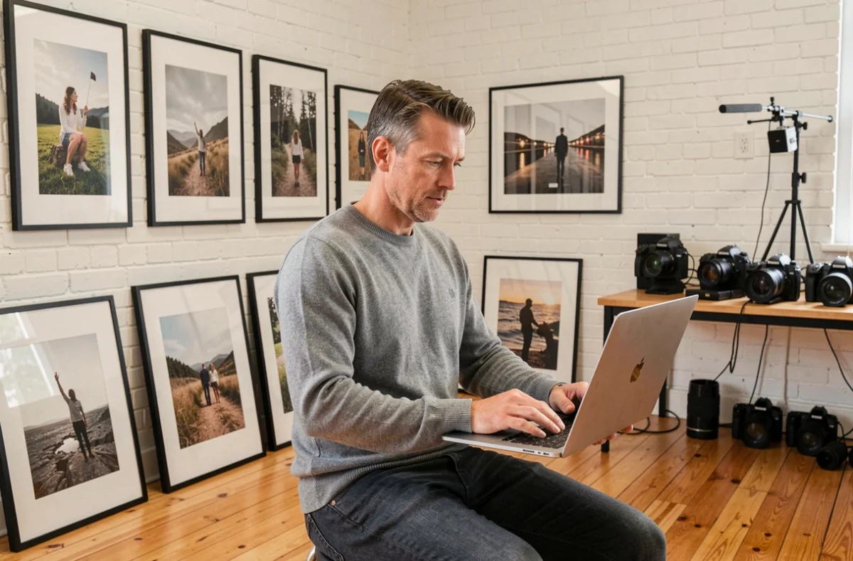 Photographe masculin en studio à Thonon-les-Bains, consultant ses photos sur ordinateur dans un espace de travail professionnel moderne