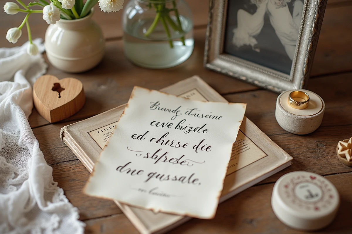 Mise en scène de symboles d'anniversaire de mariage dont bague en or, cœur en bois et fleurs blanches sur une table en chêne rustique