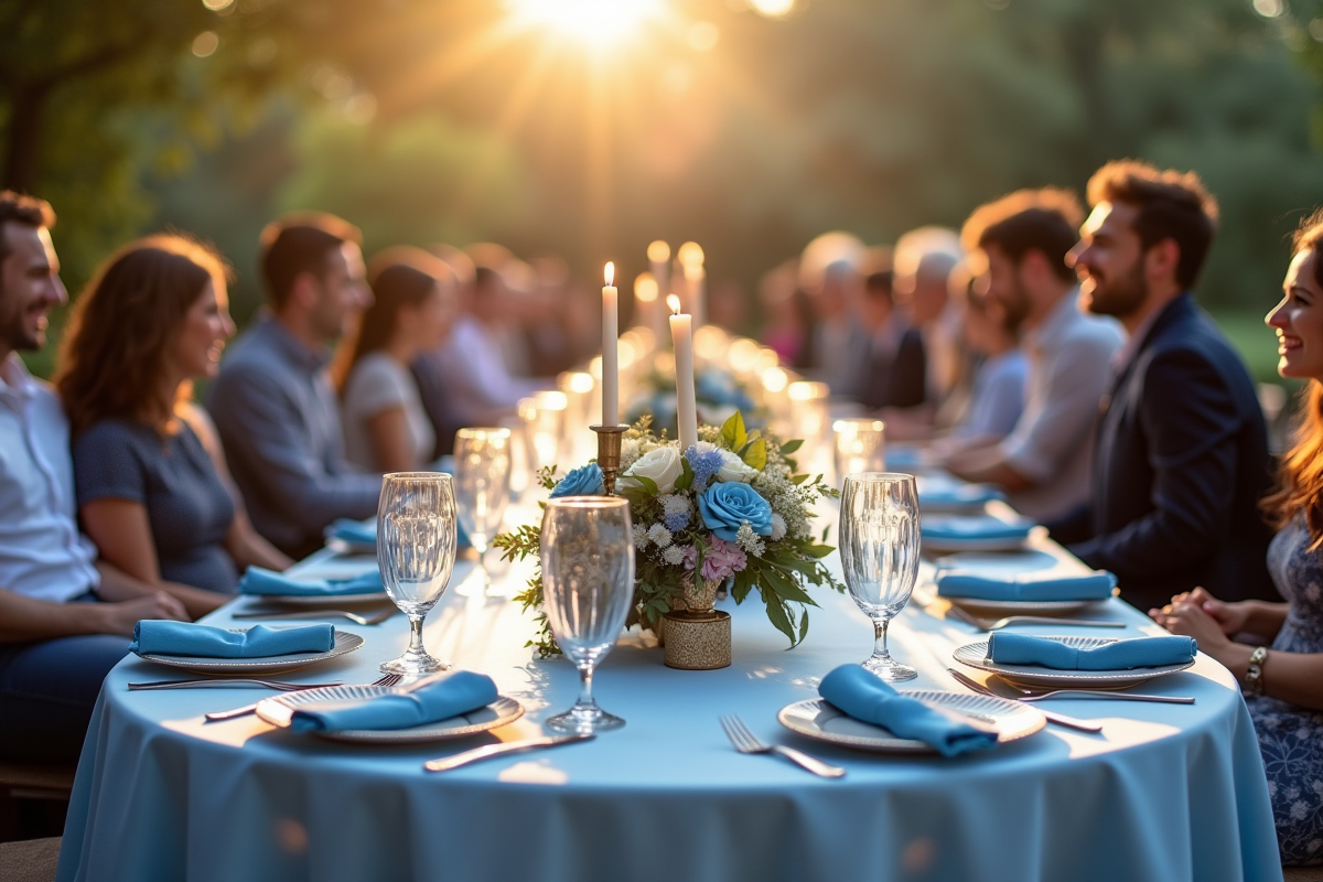 Table de reception de mariage avec accents bleus et invités