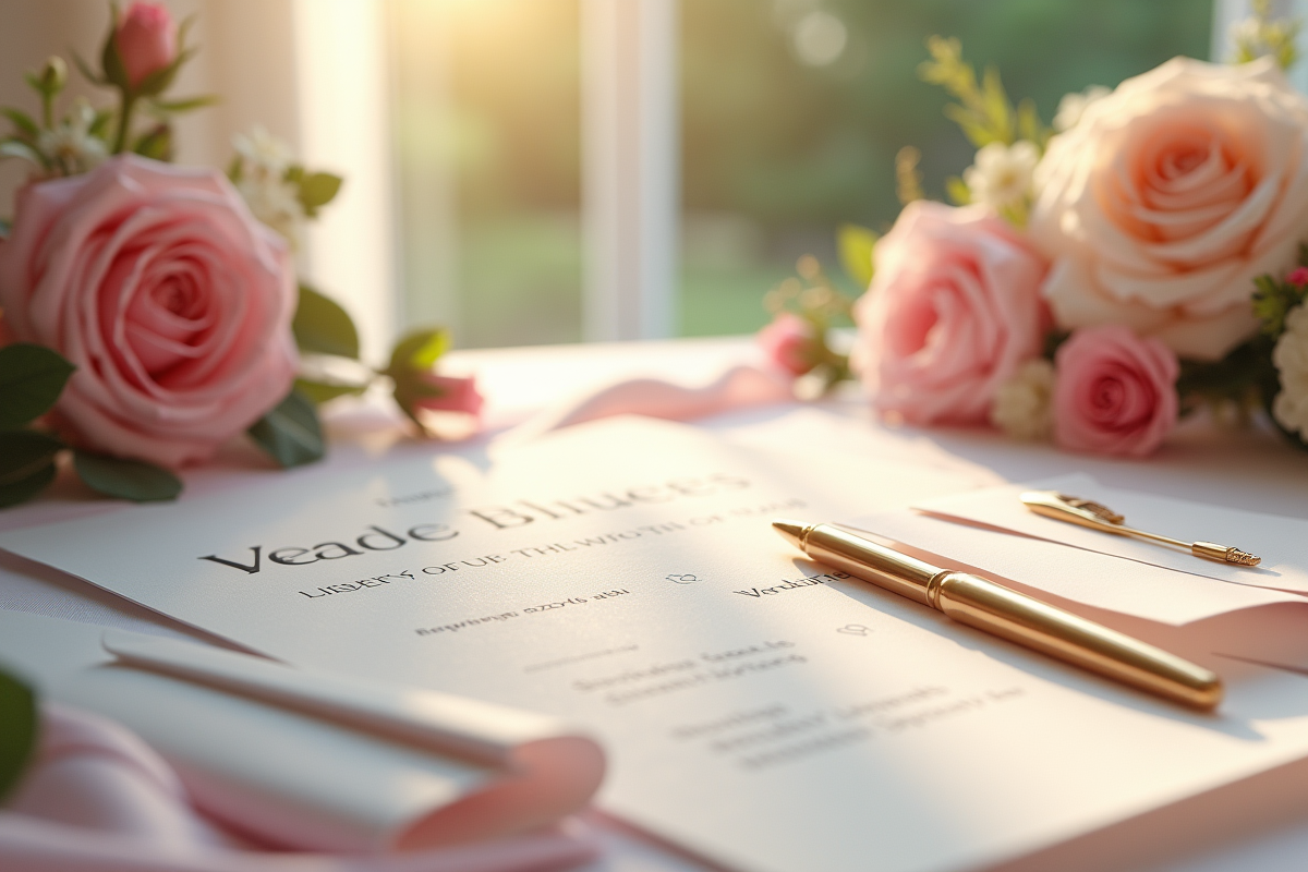 Table de mariage élégante avec invitations fleurs et or